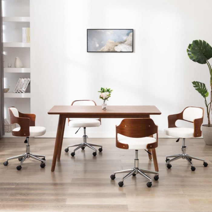 vidaXL Scaune pivotante, 4 buc. alb, lemn curbat &amp; piele ecologică