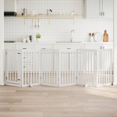 vidaXL Poartă c&acirc;ini pliabilă cu ușă, 6 panouri, alb, 300 cm, lemn plop 352247