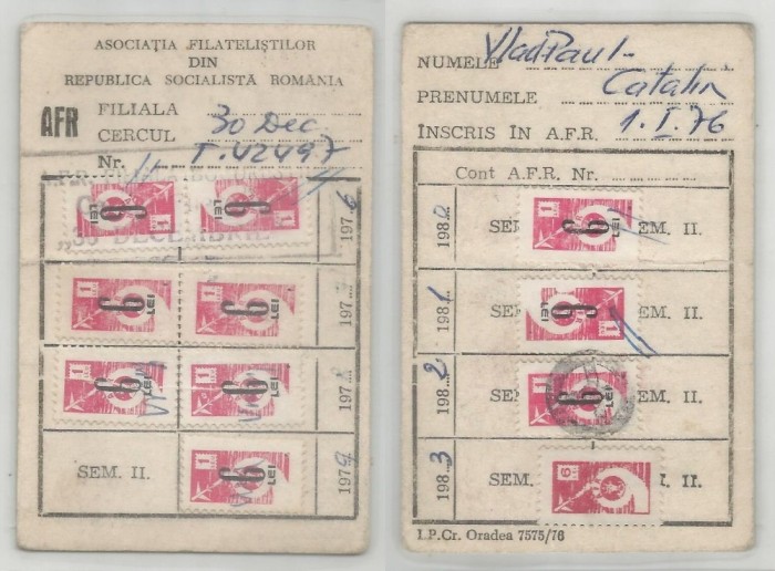 Romania, Carton cotizatie A.F.R., Bucuresti, 1980