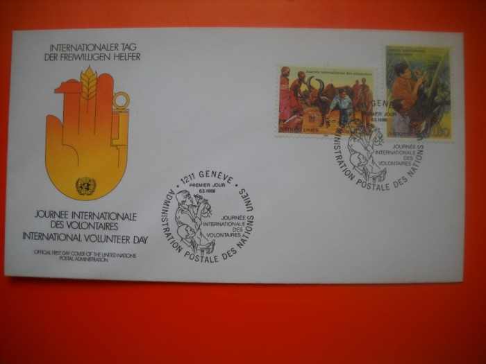 HOPCT PLIC FDC S NR 483 ZIUA INTERNATIONALA A VOLUNTARIATULUI 1988 -ONU NATIUNILE UNITE -BIROUL GENEVA ELVETIA
