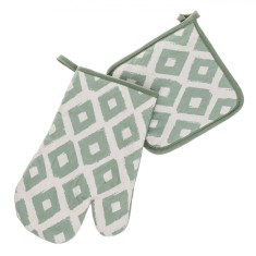 Set Mănușă și șervet Bucătărie, Model Romburi, Verde Mentă, 2 Bucăți