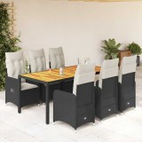 Set bistro de grădină, 7 piese, cu perne, negru, poliratan