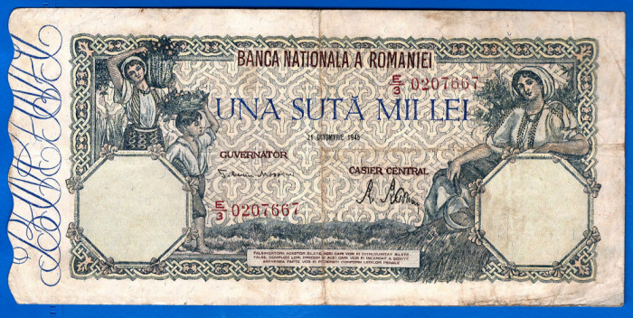 (60) BANCNOTA ROMANIA - 100.000 LEI 1946 (21 OCTOMBRIE 1946), FILIGRAN ORIZONTAL