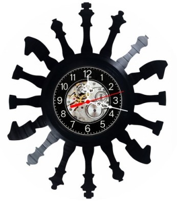 Ceas de perete decorativ realizat din disc de vinil, Model Sah Piese de Sah Rege Cal Turn, Negru, 30 cm foto