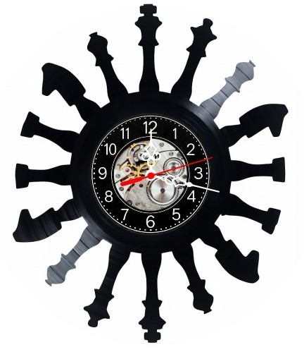 Ceas de perete decorativ realizat din disc de vinil, Model Sah Piese de Sah Rege Cal Turn, Negru, 30 cm
