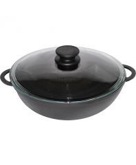 Wok fonta cu capac sticla 30cm Wok fonta cu capac sticla 30cm