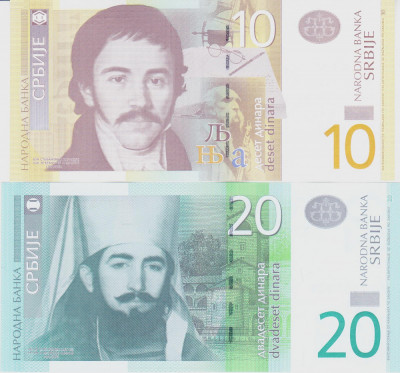 Bancnota Serbia 10 si 20 Dinari 2013 - P54b/55b UNC ( set x2 ) foto