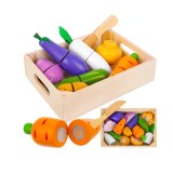 Ladita cu legume de taiat, 9 elemente din lemn, reconectare cu velcro, multicolor