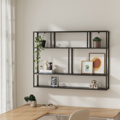Raft, en.casa, PXSL-0212 Jamijarvi, 90 x 120 x 18 cm, otel, negru mat, cu 6 polite depozitare, montabil pe perete HausGarden Leisure