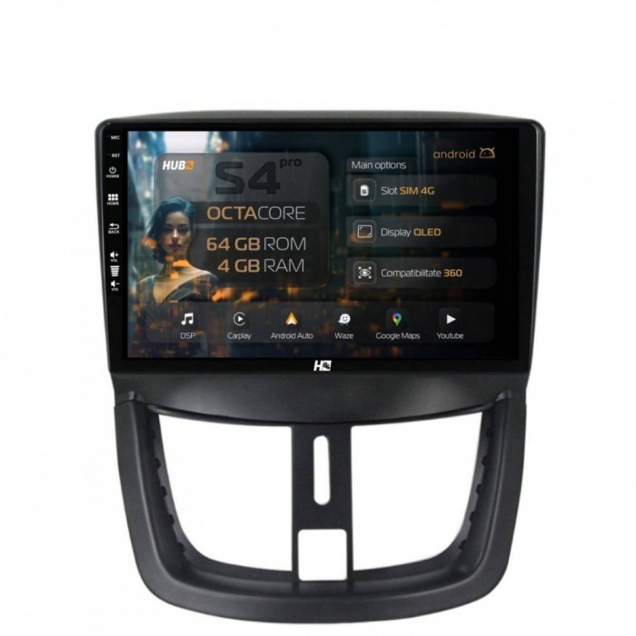 Navigatie Peugeot 207 4GB RAM Android 13 Octacore Slot Sim 4G DSP GPS Wi-FI Carplay Android Auto USB Bluetooth Waze Touchscreen 9 inch