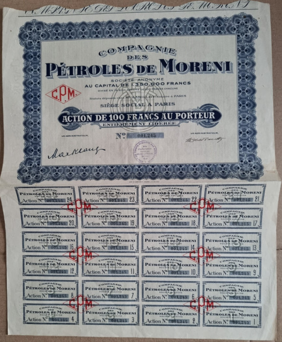 PETROLES DE MORENI ACTION de 100 FRANCS AU PORTEUR 1932 ACTIUNE PETROL MORENI