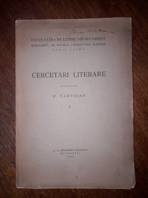 Cercetari literare - N. Cartojan 1934 (autograf) / R2P4F foto