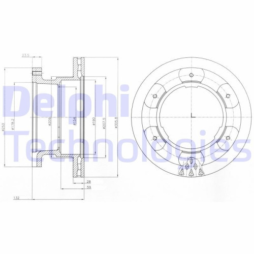 Set discuri frana spate DELPHI, IVeco Daily IV, 05.2006-03.2012, Daily V, 09.2011-02.2014, Daily Vi, 03.2014-, spate; puntea spate