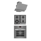 Pachet cuptor electric incorporabil, plita gaz si hota decorativa sticla Terza Modern Parma Glass Grey Studio Casa, 6 functii, Ventilator, Display Tou