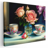Tablou canvas set ceai cu vaza trandafiri, roz, albastru, mov 1129 Tablou canvas pe panza CU RAMA 50x70 cm