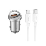 Cumpara ieftin Incarcator Auto Dual Hoco NZ10 1 x UsbC Putere 45W, 1 x Usb QC 3.0 Putere 18W, Cablu UsbC La UsbC Silver
