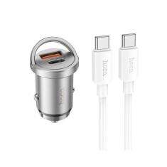 Incarcator Auto Dual Hoco NZ10 1 x UsbC Putere 45W, 1 x Usb QC 3.0 Putere 18W, Cablu UsbC La UsbC Silver