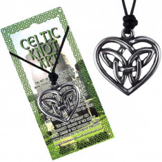 Colier din șnur, negru, nod celtic lucios din metal în inimă