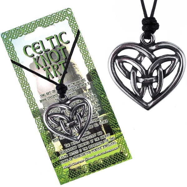 Colier din șnur, negru, nod celtic lucios din metal &icirc;n inimă