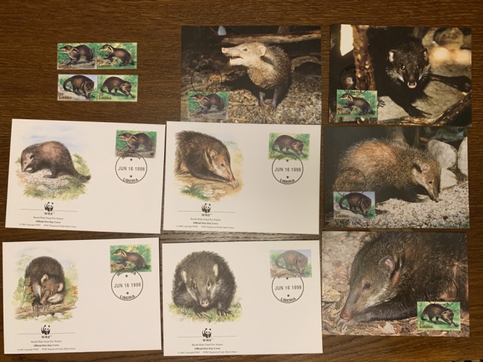 liberia - mangusta - serie 4 timbre MNH, 4 FDC, 4 maxime, fauna wwf