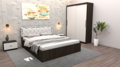 Set Dormitor Maia Wenghe + Alb Pat 160 cm x 200 cm + Noptiere + Dulap cu usi glisante 150 cm x 200 cm