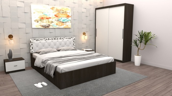 Set Dormitor Maia Wenghe + Alb Pat 160 cm x 200 cm + Noptiere + Dulap cu usi glisante 150 cm x 200 cm