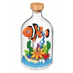 Set constructie peste clown in sticla decorativa, flippy, mini piese tip pixel, acvariu decorativ creativ pentru copii si adulti, 19 x 12 x 12 cm, tra