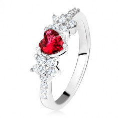 Inel cu stras rosu in forma de inima si flori, zirconiu transparent, argint 925 - Marime inel: 54 foto