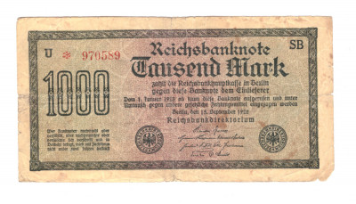 Bancnota Germania 1000 mark/marci septembrie 1922, serie rosie, stare buna foto