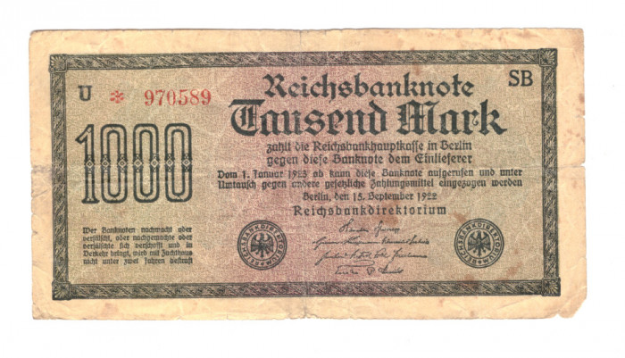Bancnota Germania 1000 mark/marci septembrie 1922, serie rosie, stare buna