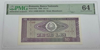 bancnota romaneasca de colectie - 10 lei 1966 gradata PMG64 foto