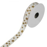 Panglică Decorativă Brad Crăciun, Bej, Stele Aurii, Glitter, 5m x 15mm, Poliester, Oem