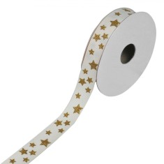 Panglică Decorativă Brad Crăciun, Bej, Stele Aurii, Glitter, 5m x 15mm, Poliester