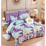 Lenjerie pat dublu,bumbac finet,6 piese,cearceaf cu elastic,alba mov cu sirene-A906