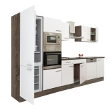 Mobilier de bucătărie Yorki 340, cu corp din stejar Yorki, fațade albe cu finisaj satinat, cu frigider cu congelator &icirc;n partea de jos, fără blat de lu