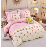 Lenjerie pat dublu,bumbac finet,6 piese cu elastic,roz cu flori-A560