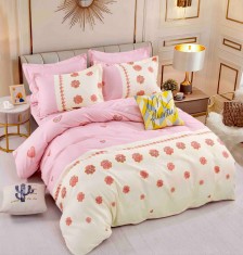 Lenjerie pat dublu,bumbac finet,6 piese cu elastic,roz cu flori-A560