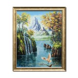 Tablou feeric cu cascada pictat manual inramat, Paradis, 55x45cm ulei pe panza, rama din lemn, Stefan Bilibou