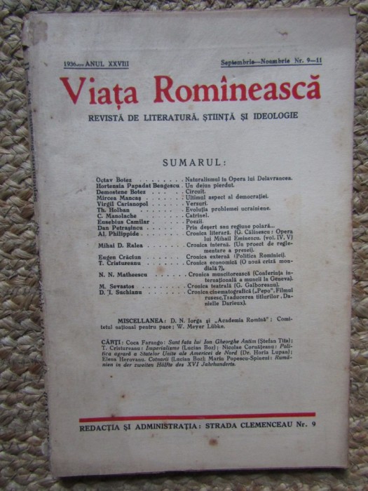 REVISTA VIATA ROMANEASCA REVISTA DE LITERATURA STIINTA SI IDEOLOGIE ANUL XXVIII SEPTEMBRIE-NOIEMBRIE NR. 9-11 1936