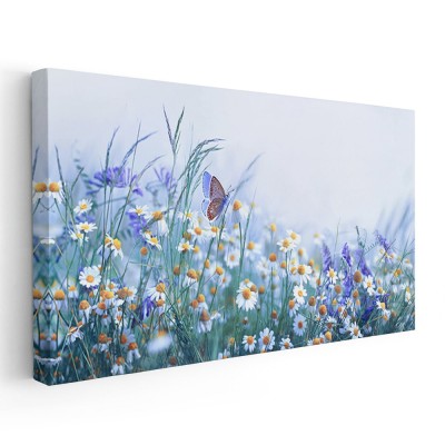 Tablou peisaj flori de musetel cu fluturi 1797 Tablou canvas pe panza CU RAMA 70x140 cm foto