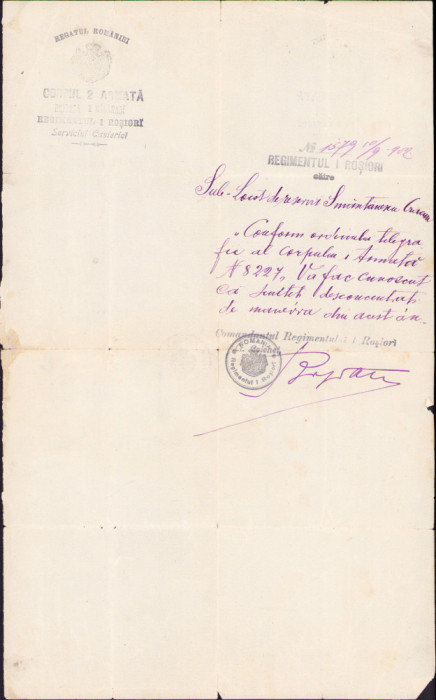 HST A1048 Act desconcentrare ofițer 1902 Regimentul 1 Roșiori semnat comandant