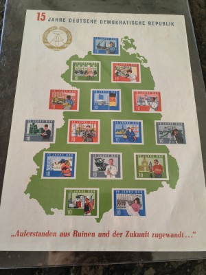Bloc nedantelet Aniversare 15 ani DDR, Germania de Est, 210x285 mm, nedantelet foto