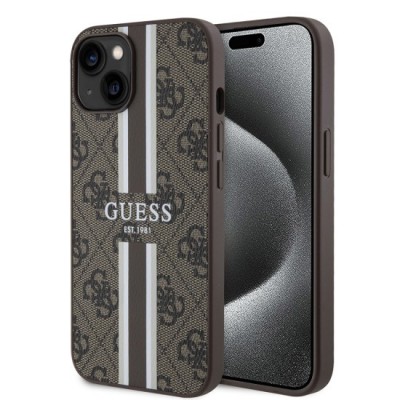 Husa pentru iPhone 15 / iPhone 14 / iPhone 13 - Guess Hardcase 4G Printed Stripes MagSafe (GUHMP15SP4RPSW) - Brown foto
