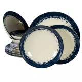 Set farfurii 12 piese, 4 persoane, Alb Ivoire cu bluemarin