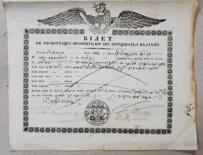 BILET DE EXPORT PENTRU PRODUSELE DIN PRINCIPATUL VALAHIEI - SCHELA OLTENITA, 1846 foto