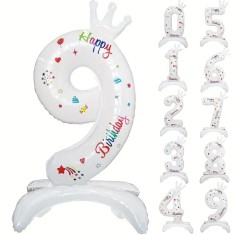 Balon din Folie Metalizata, Cyrax, Figurina Cifra, Model 9 cu Happy Birthday Scris, Tema Aniversare 81 cm, Ambalaj Individual, Pai Inclus, Umflare cu