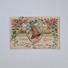 Carte Postala tematica florala pascala Paste Feicit, litografie relief, circulata cu timbru Biserica Alba 1911 / Banatul Sarbesc