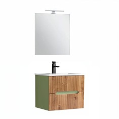 Trent mobilier de baie 60 cm chiuvetă ceramică (2 sertare) cu oglindă 60x80 cm verde fistic - stejar apus de soare
