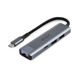 Hub USB LINDY USB 3.2 Gen 2 Type C Hub Gigabit Ethernet, USB-C, 4 porturi, RJ-45, Gri