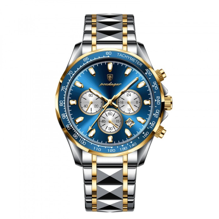 Ceas barbatesc Poedagar Cronograf Quartz Casual Luxury Data Otel Argintiu Albastru